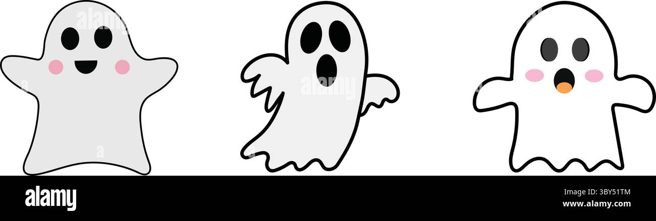 A 3 – dessin animé Set T-shirt Design de Cute White Ghosts amusant et ludique Halloween Illustration de Vecteur