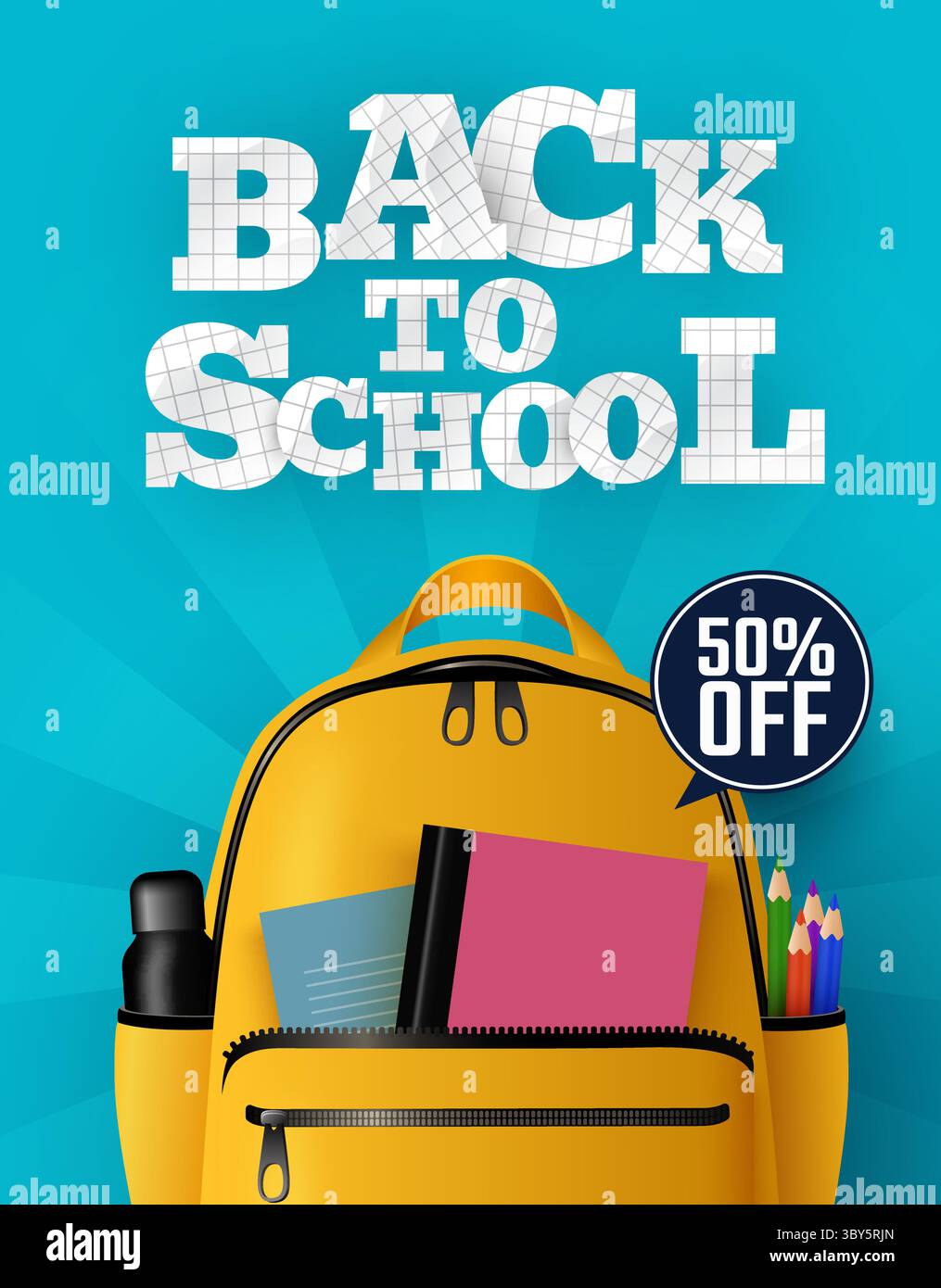 Texte de bannière de vente de retour à l'école avec sac à dos jaune. Illustration vectorielle Illustration de Vecteur