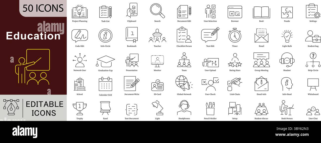 Icônes de ligne modifiables pour l'éducation définies pour la formation, l'école, l'enseignement et la gestion des connaissances Illustration de Vecteur