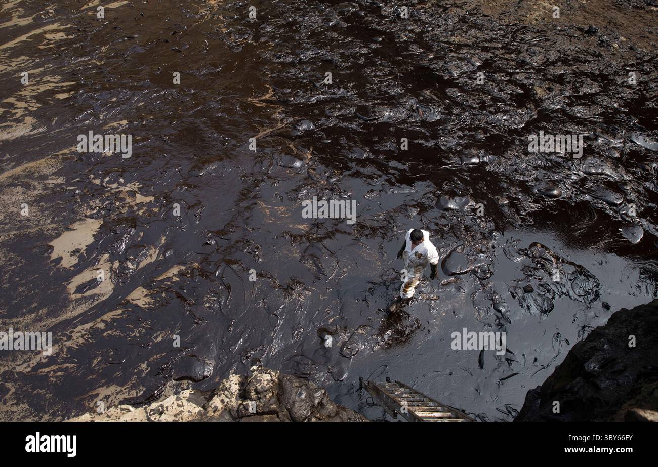 19 janvier 2022, Callao, Pérou : les travailleurs nettoient après un déversement de pétrole, sur la plage de Cavero dans le district de Ventanilla à Callao. Environ 6 000 barils (159 litres chacun) de pétrole se sont déversés lors du déchargement d'un pétrolier à la raffinerie de la Pampilla appartenant à la compagnie énergétique espagnole Repsol. (Crédit image : © Mariana Bazo/ZUMA Press Wire) Banque D'Images