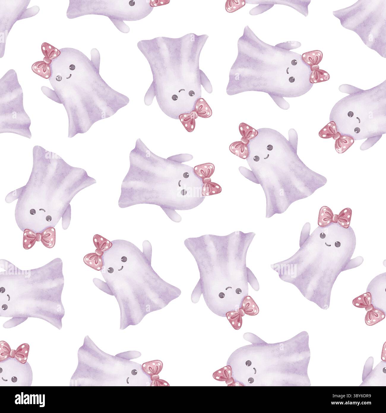 Motif sans couture avec un fantôme mignon avec un noeud sur un fond blanc. Peint dans un style aquarelle doux, parfait pour les dessins d'Halloween Banque D'Images