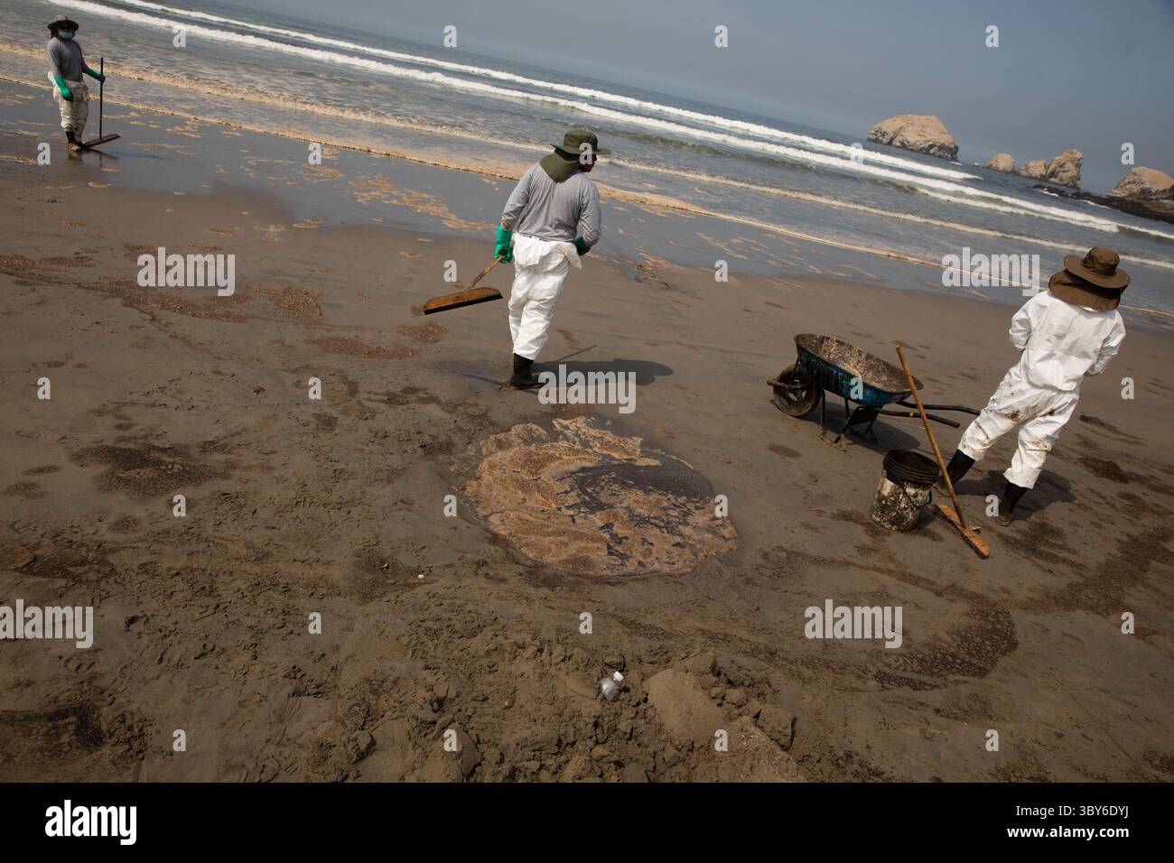 19 janvier 2022, Callao, Pérou : les travailleurs nettoient après un déversement de pétrole, sur la plage de Cavero dans le district de Ventanilla à Callao. Environ 6 000 barils (159 litres chacun) de pétrole se sont déversés lors du déchargement d'un pétrolier à la raffinerie de la Pampilla appartenant à la compagnie énergétique espagnole Repsol. (Crédit image : © Mariana Bazo/ZUMA Press Wire) Banque D'Images