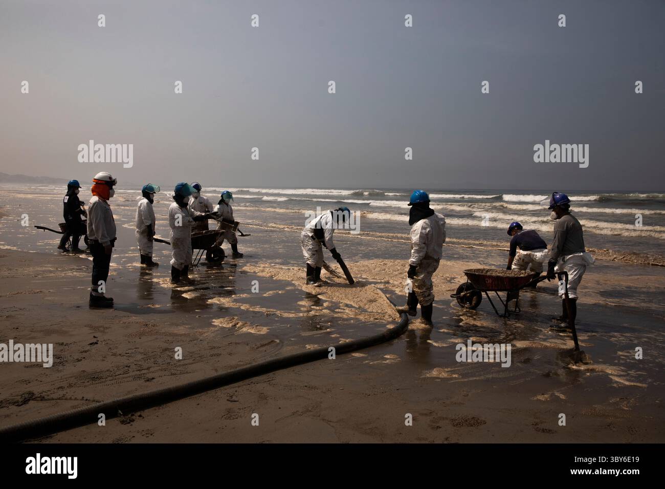 19 janvier 2022, Callao, Pérou : les travailleurs nettoient après un déversement de pétrole, sur la plage de Cavero dans le district de Ventanilla à Callao. Environ 6 000 barils (159 litres chacun) de pétrole se sont déversés lors du déchargement d'un pétrolier à la raffinerie de la Pampilla appartenant à la compagnie énergétique espagnole Repsol. (Crédit image : © Mariana Bazo/ZUMA Press Wire) Banque D'Images