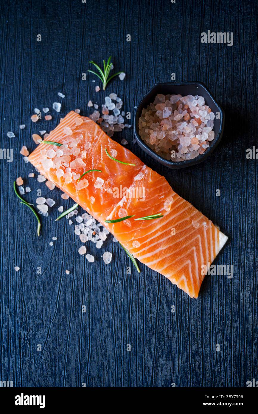 Filet de saumon cru avec gros sel et romarin Banque D'Images