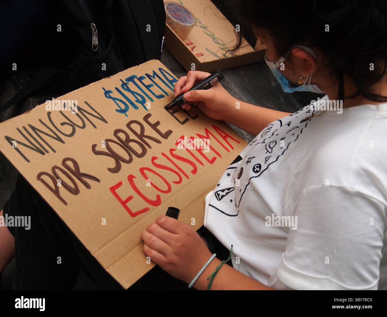 26 janvier 2022, Lima, Lima, Pérou : ''aucun système au-dessus de l'écosystème'' peut être lu sur une bannière alors que des dizaines de manifestants se rassemblent une fois de plus devant les bureaux de Repsol au Pérou pour protester contre la récente marée noire qui a provoqué une catastrophe écologique sur les côtes de Lima et El Callao. Le 15 janvier, plus de 6 000 barils de pétrole ont été déversés dans la mer à la raffinerie de la Pampilla exploitée par Repsol, une compagnie pétrolière espagnole, générant l'une des plus grandes catastrophes écologiques au Pérou. (Crédit image : © Carlos Garcia Granthon/ZUMA Press Wire) Banque D'Images