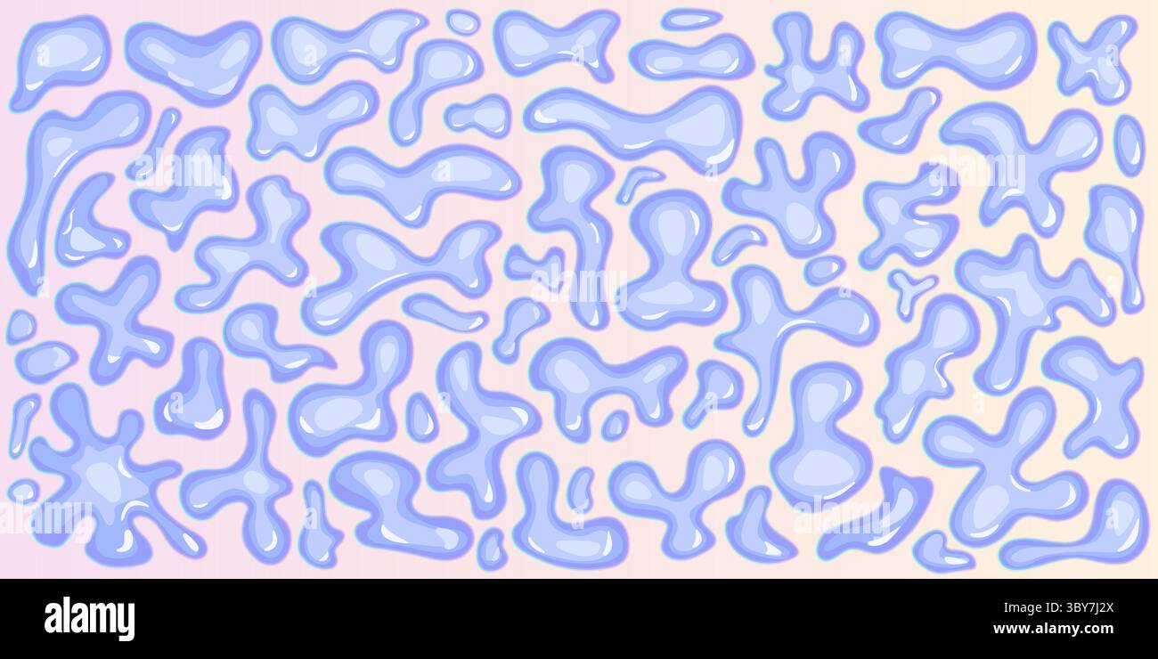 Formes liquides d'eau brillantes bleues, fond de gouttelettes avec des blobs de fluide psychédélique. Faisceau de bulles monochromes y2k avec effet 3D léger. Jeu d'INTEN Illustration de Vecteur