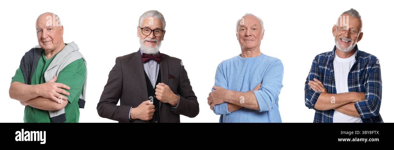Hommes seniors sur fond blanc, ensemble de portraits Banque D'Images