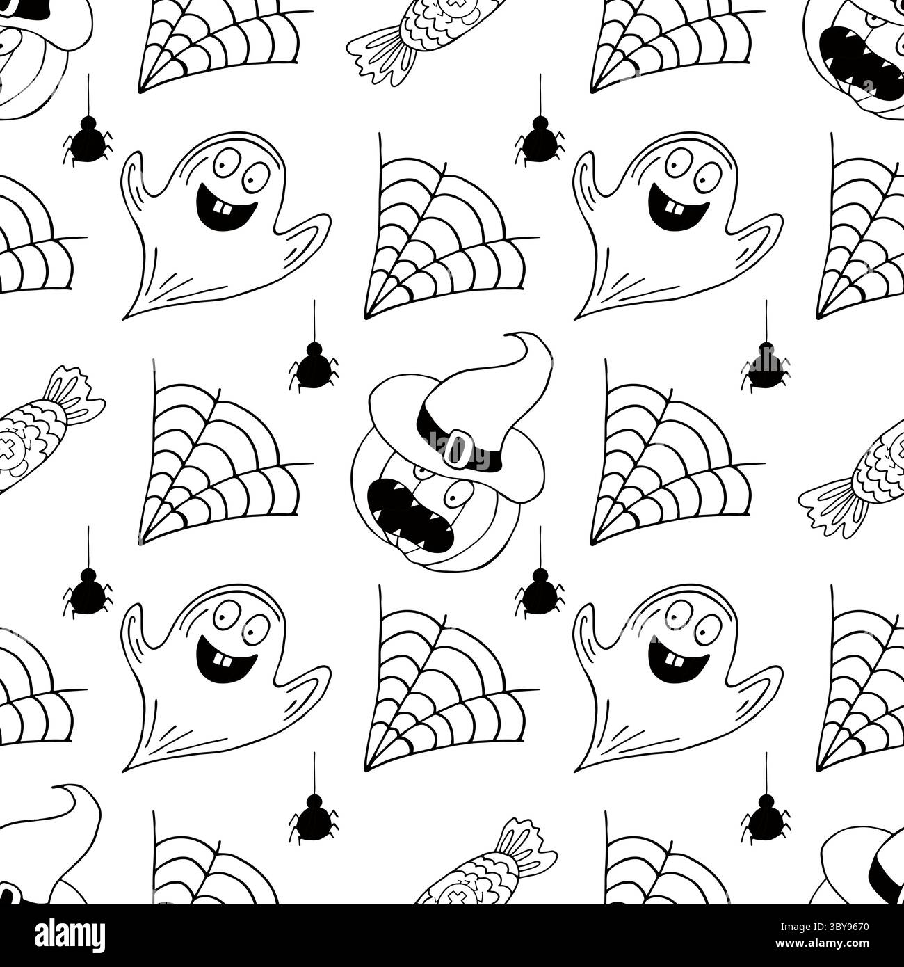 Motif monochrome d'Halloween dans le style de dessin à la main. Papier peint pour votre créativité. Web. Imprimer pour le design, textile, papier peint Illustration de Vecteur