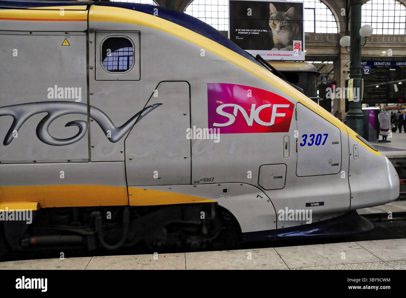 Vue latérale d'un TGV avec logo SNCF sur le quai, Paris, France Banque D'Images