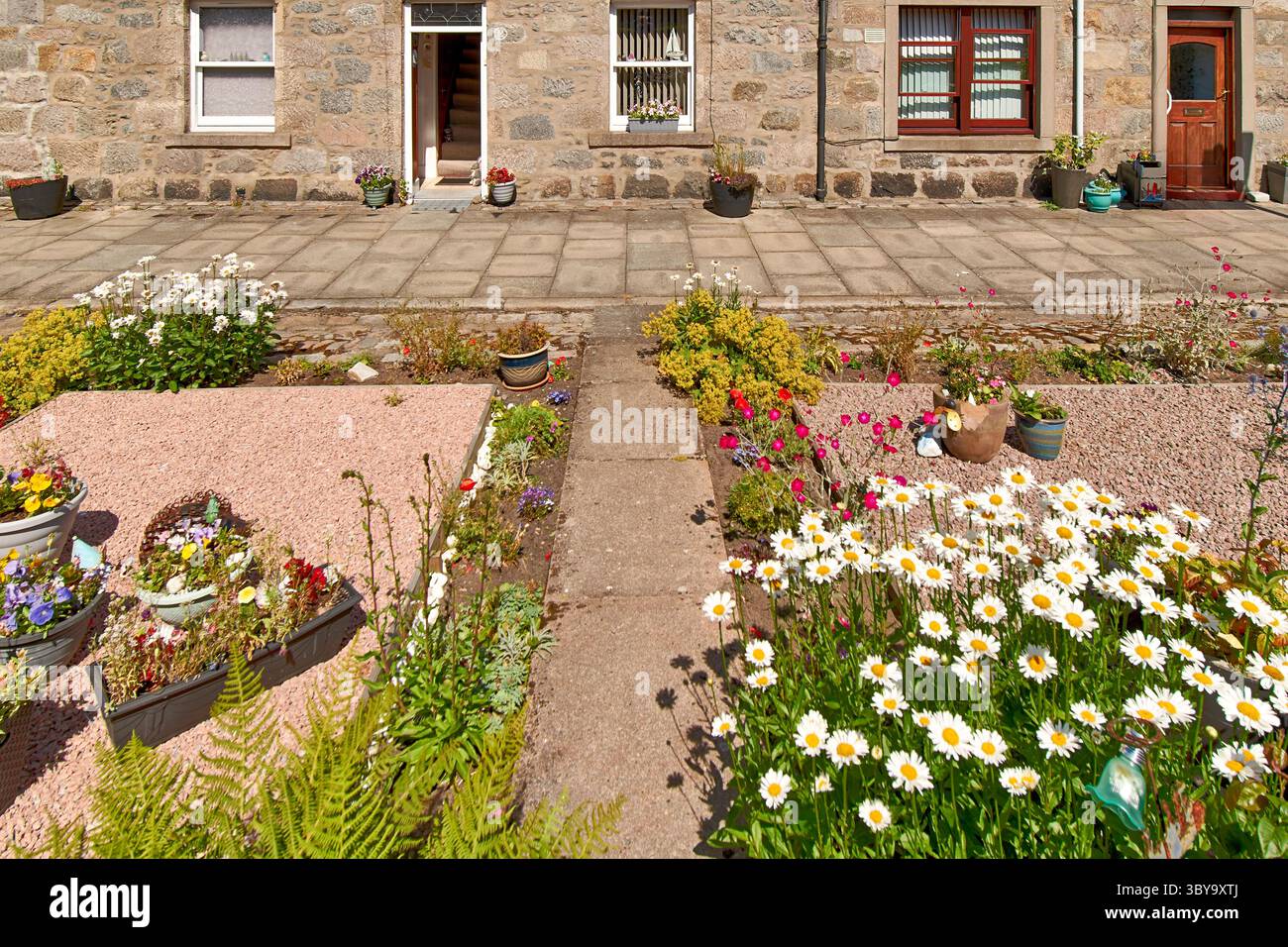 Aberdeen Harbour Footdee ou Fittie la rue du village de pêcheurs avec des fleurs colorées dans des pots décorés pendant la course des grands navires Banque D'Images