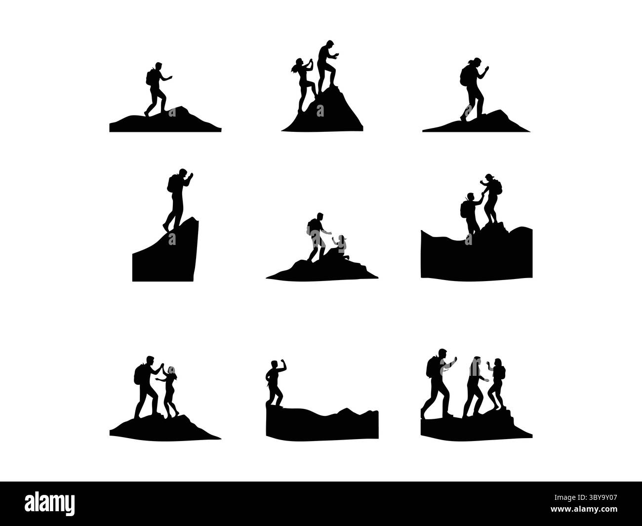 Silhouette vectorielle d'une personne aidant un ami à atteindre le sommet de la montagne. Symbole du travail d'équipe, du soutien, de la réussite et de la réalisation des objectifs. Idéal pour les affaires Illustration de Vecteur