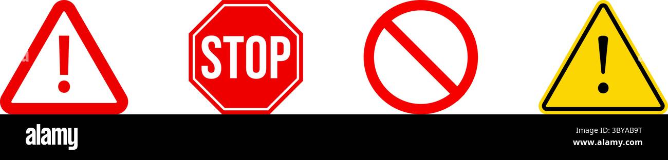 Un ensemble de quatre symboles d'avertissement et d'interdiction distincts, comportant un triangle rouge avec un point d'exclamation, un panneau d'arrêt rouge, un symbole d'interdiction rouge, Illustration de Vecteur