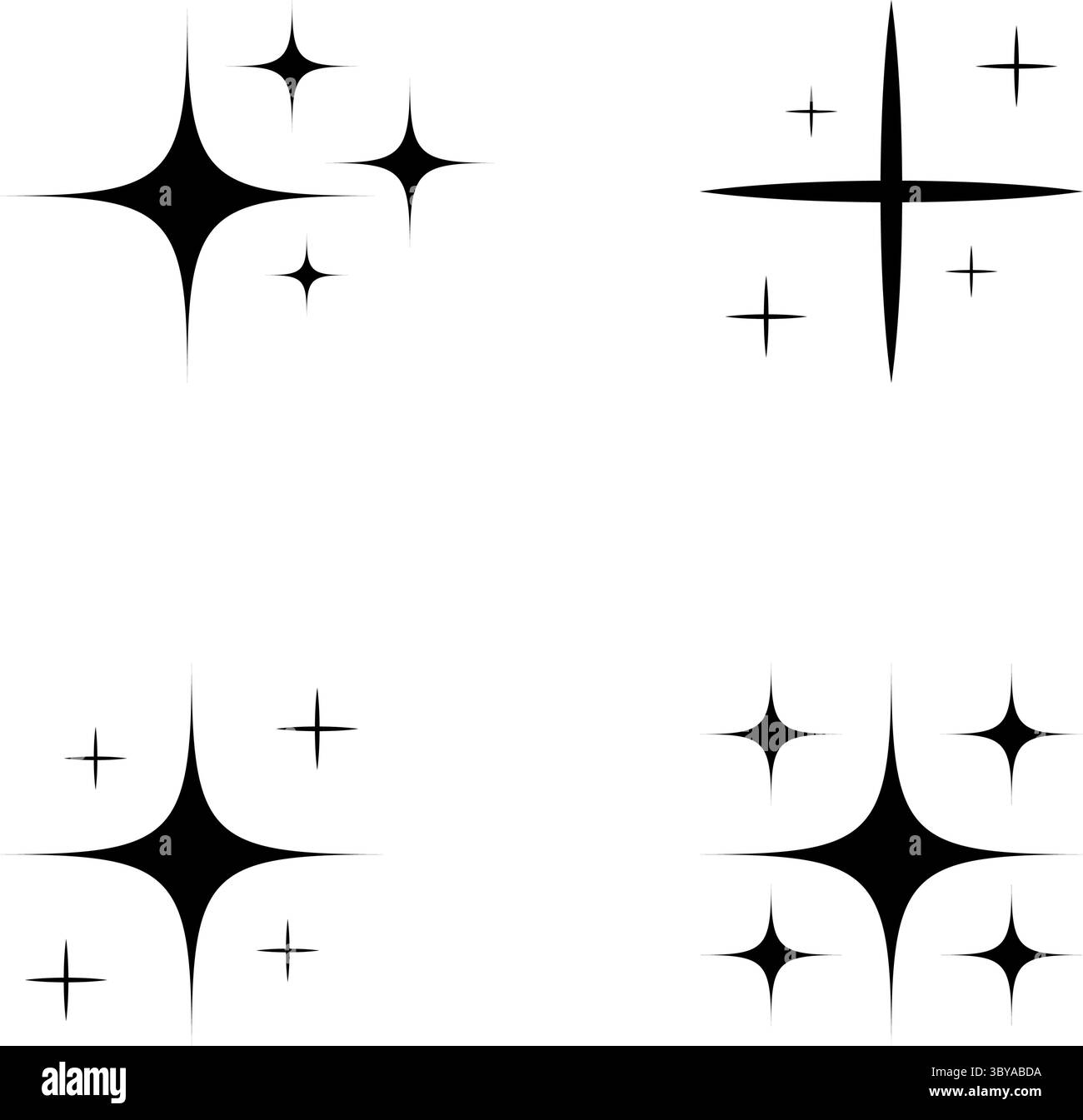 Un ensemble de quatre icônes distinctes d'éclat noir ou d'étoile, chacune avec un nombre de points et des tailles variables, présentées sur un fond blanc propre. Illustration de Vecteur
