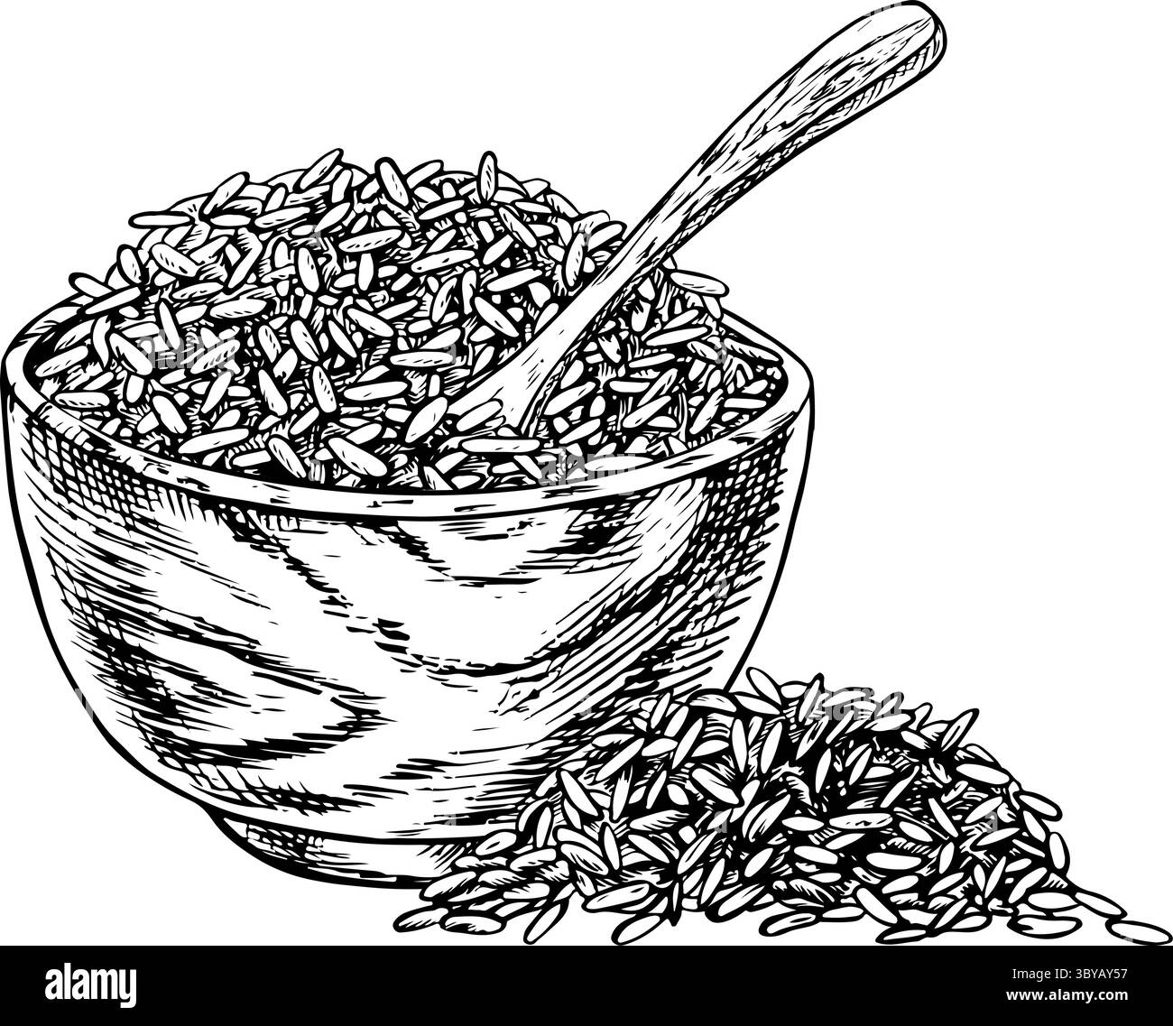 Riz ou avoine, blé ou seigle dans un bol en bois. Graphiques en noir et blanc, illustrations vectorielles. Élément de conception pour menus, recettes et livres de cuisine. Pour Illustration de Vecteur