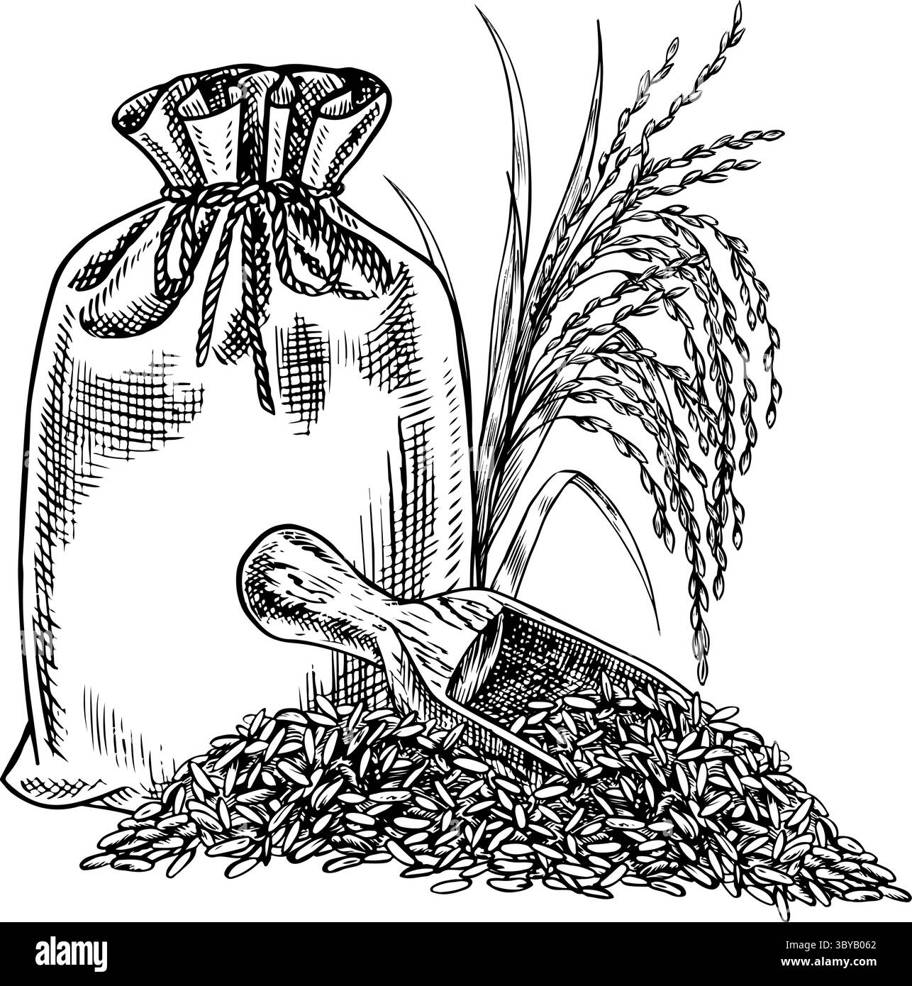 Un sac en toile de jute fermé rempli avec une poignée de riz et de grains de riz. Graphiques en noir et blanc, illustrations vectorielles. Un élément de design pour les menus, les recettes Illustration de Vecteur