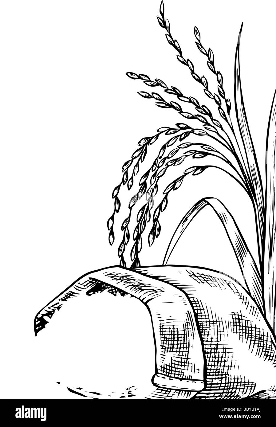 Cadre - bordure avec des sacs en toile de jute et un bol en bois avec du riz. Graphiques en noir et blanc, illustrations vectorielles. Élément de conception pour menus, recettes et Illustration de Vecteur