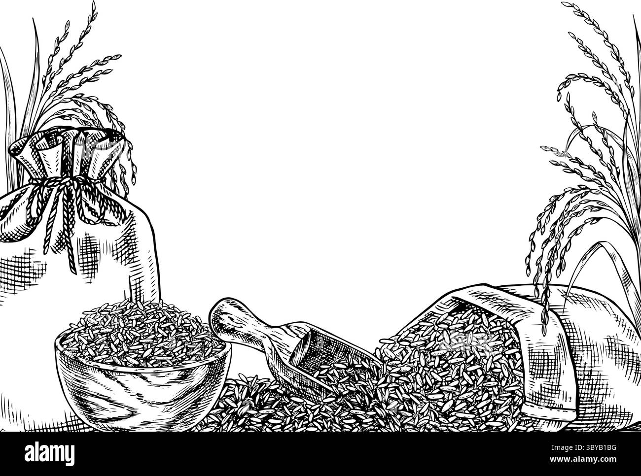 Cadre - bordure avec des sacs en toile de jute et un bol en bois avec du riz. Graphiques en noir et blanc, illustrations vectorielles. Élément de conception pour menus, recettes et Illustration de Vecteur