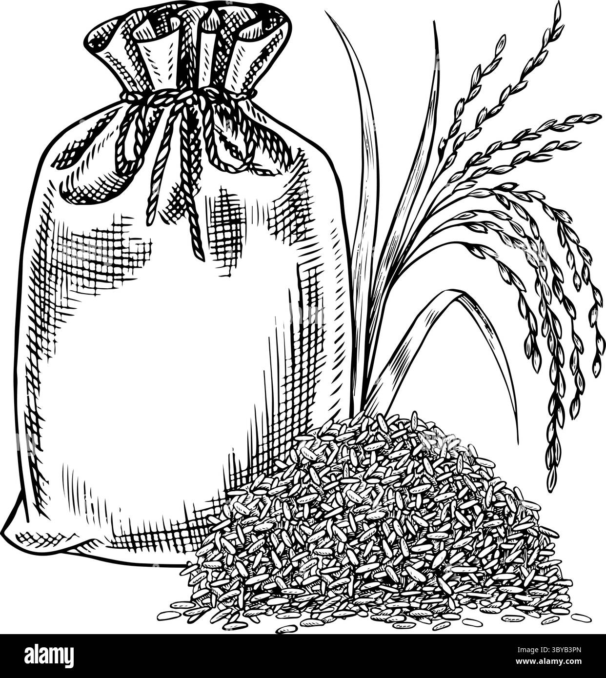 Un sac en toile de jute fermé rempli avec une poignée de riz et de grains de riz. Graphiques en noir et blanc, illustrations vectorielles. Un élément de design pour les menus, les recettes Illustration de Vecteur