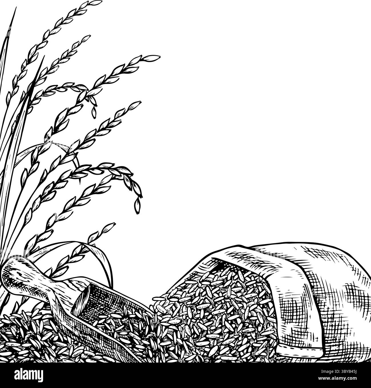 Cadre - bordure avec des sacs en toile de jute et un bol en bois avec du riz. Graphiques en noir et blanc, illustrations vectorielles. Élément de conception pour menus, recettes et Illustration de Vecteur