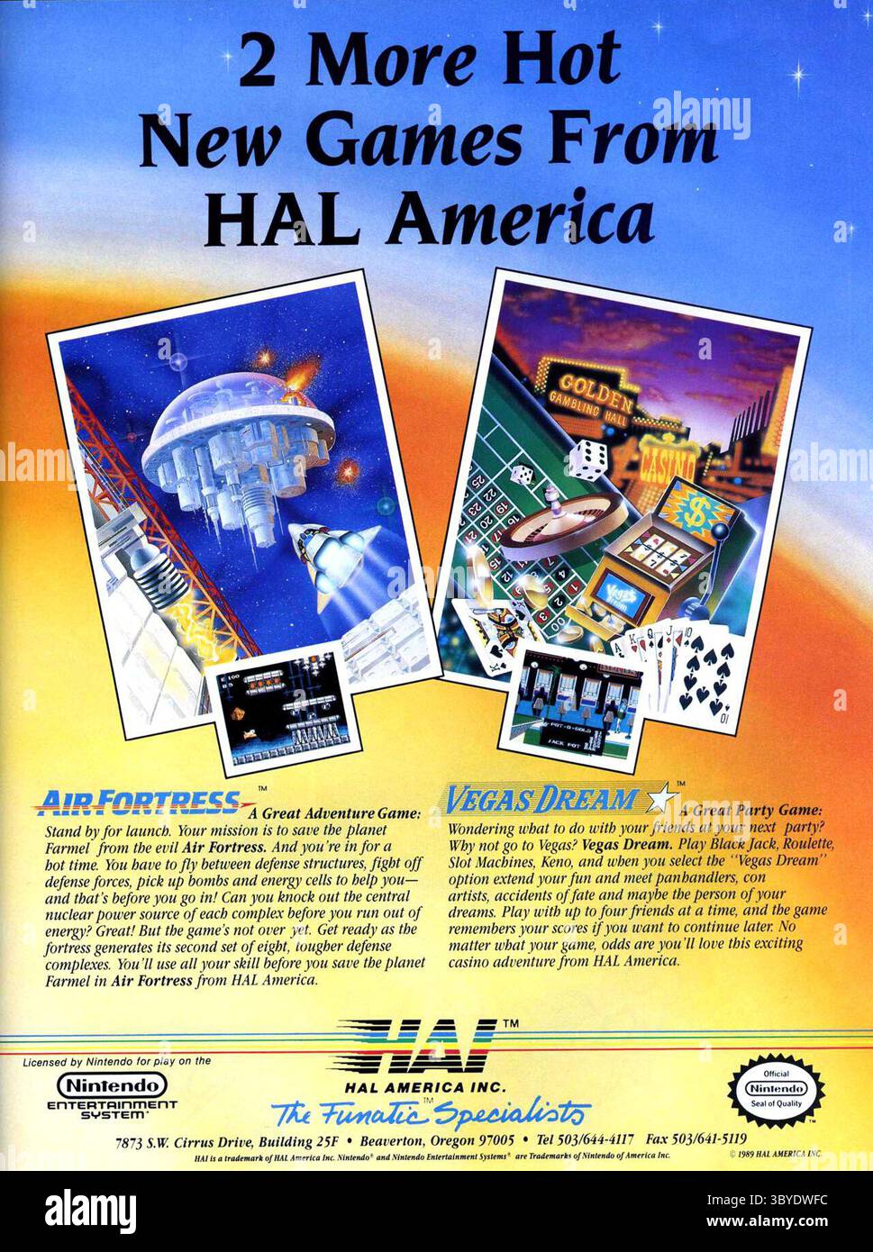 1989 2 autres nouveaux jeux chauds de HAL America ! Air Fortress et Vegas Dream ad Banque D'Images
