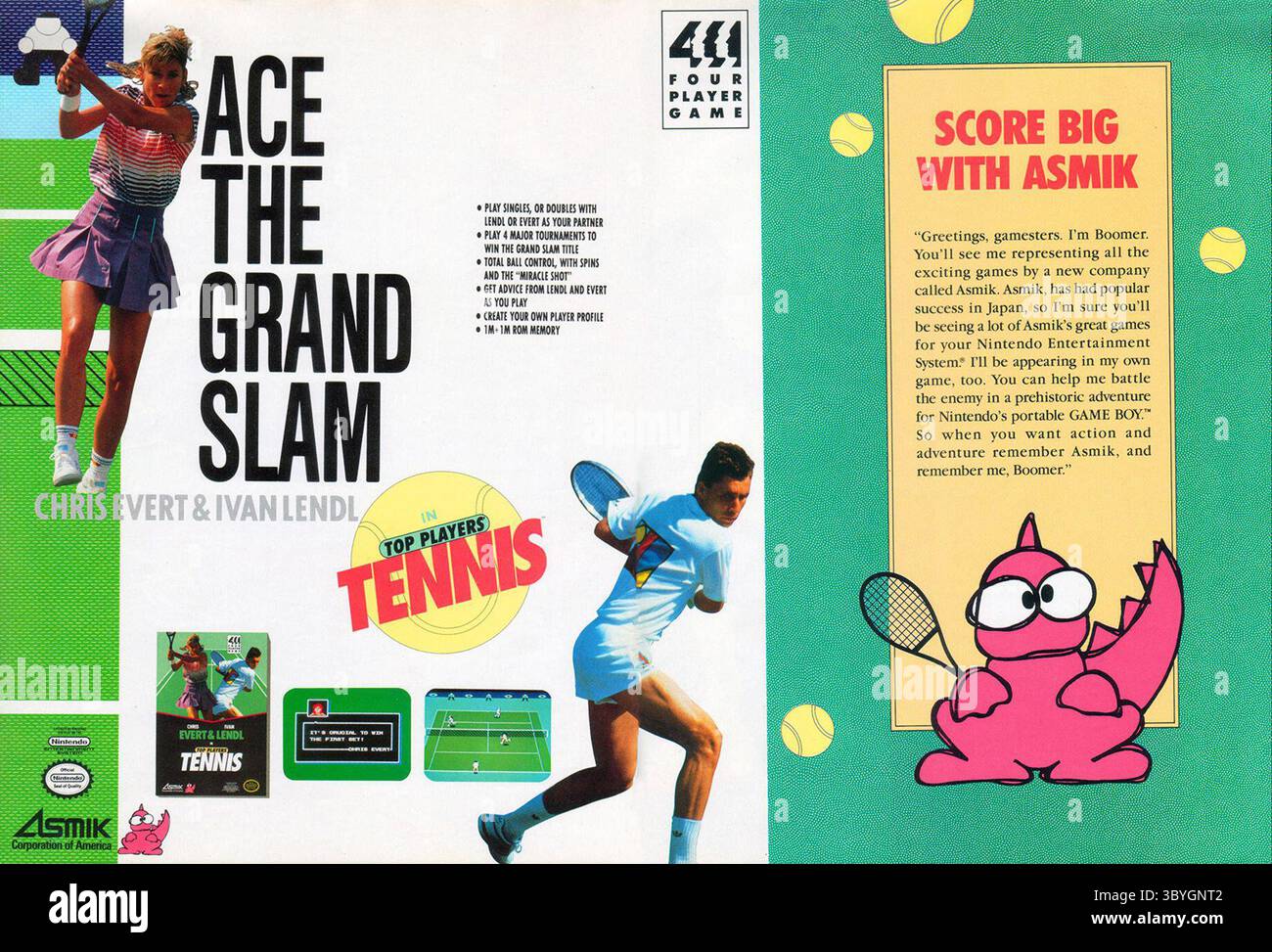 1990 Chris Evert & Ivan Lendl dans Top Players' Tennis Nintendo jeu Asmik American ad Banque D'Images