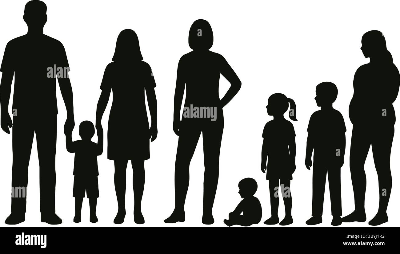 Silhouette en noir et blanc illustration d'un groupe familial Illustration de Vecteur