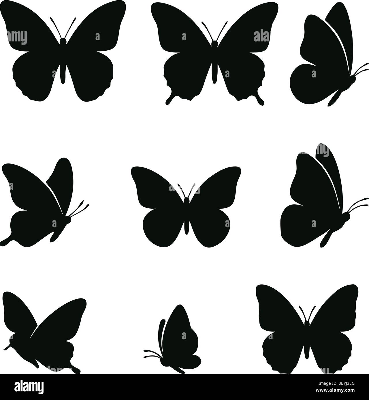 Silhouette noire et blanche illustrations de papillons dans diverses poses Illustration de Vecteur
