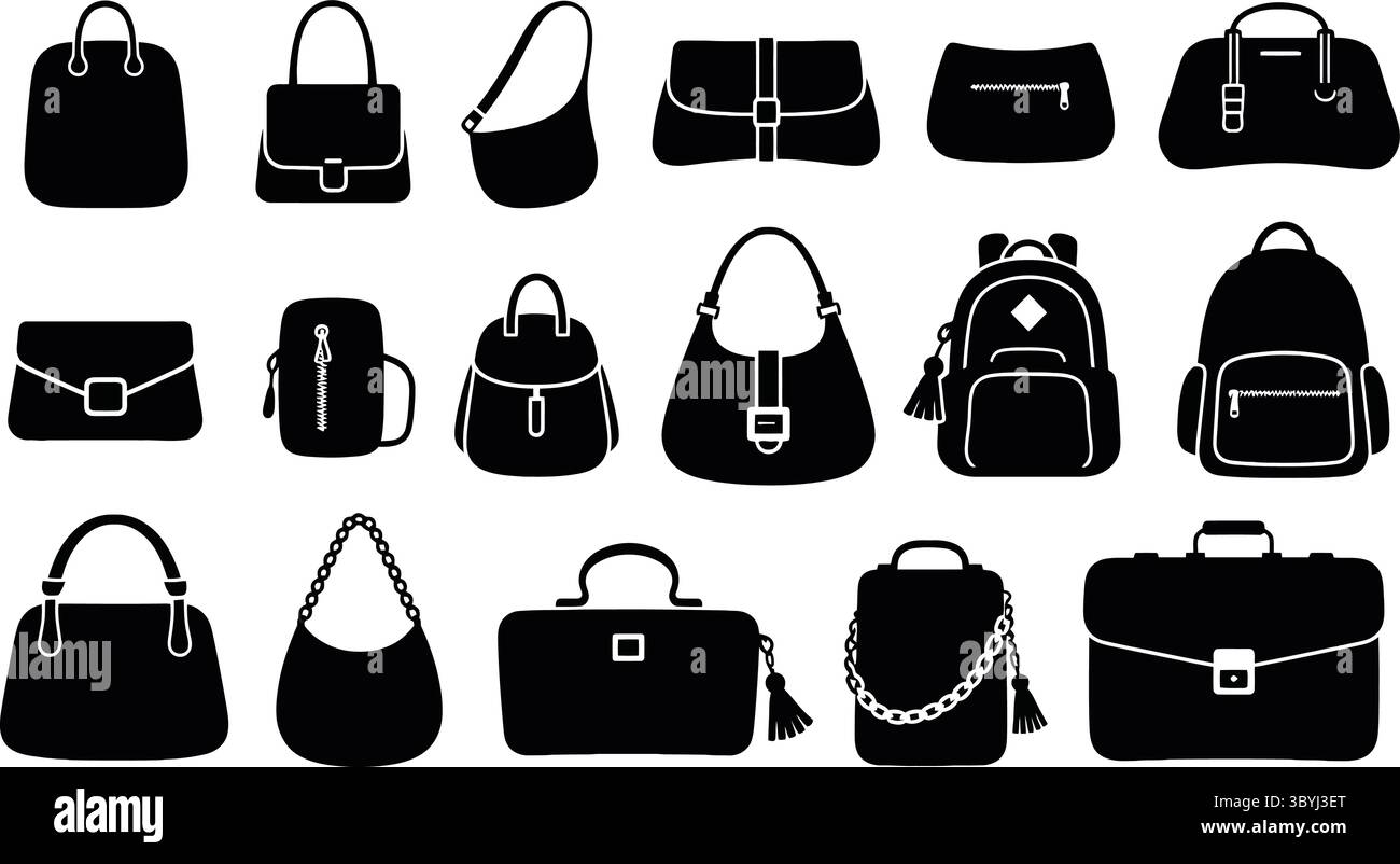 Illustrations Silhouette noir et blanc de divers sacs à main et sacs Illustration de Vecteur