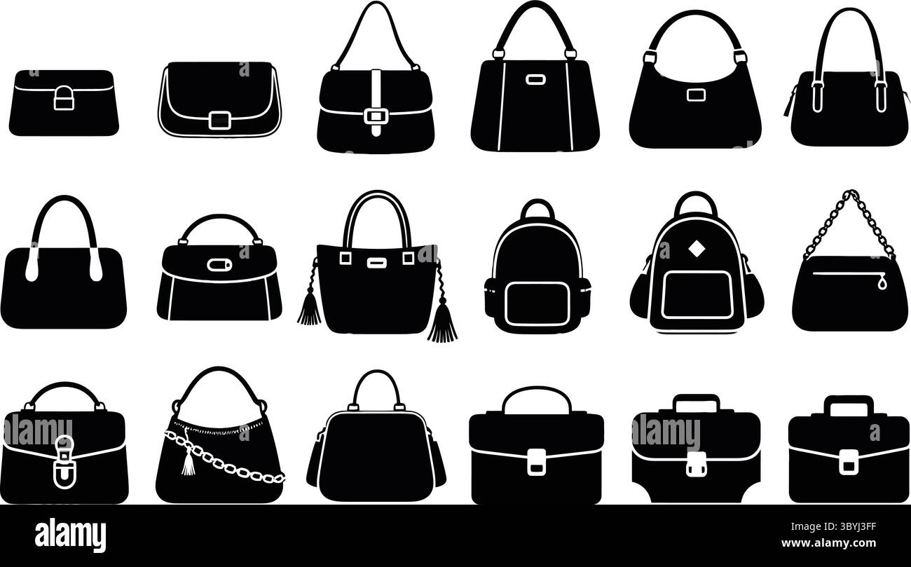 Illustrations Silhouette noir et blanc de divers sacs à main et sacs Illustration de Vecteur