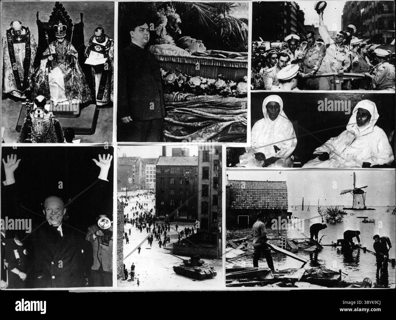 Janvier 1, 1952 - Londres, Angleterre, Royaume-Uni - de gauche à droite, en haut : le couronnement d'Elizabeth II, la mort de Staline et la succession de Malenkov, le nouveau dictateur égyptien Neguib, Dwight Eisenhower élu, les émeutes à Berlin, et les innovations en Hollande. ''Art from Roots'' - Wittenbecher. ''Moschusochse'' (crédit image : © Keystone Press Agency/ZUMA Press Wire) Banque D'Images