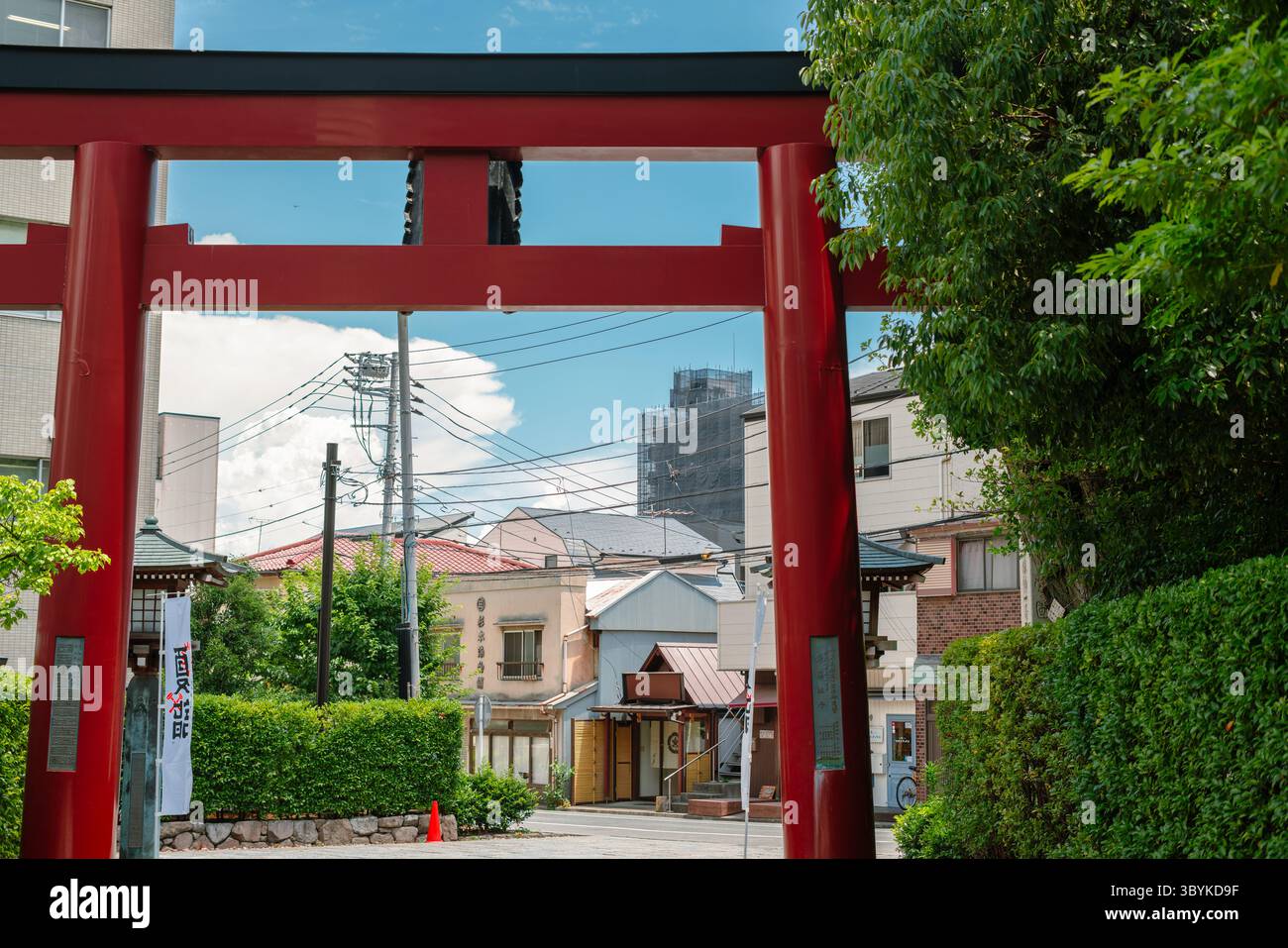 Tokyo, Japon - 10 juillet 2025 : porte torii du sanctuaire Nezu et vue sur la rue Banque D'Images