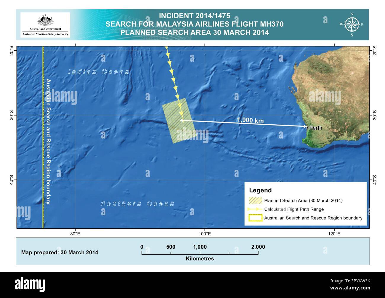 . Canberra (Australie), 30/03/2014.- Une image publiée par l'Australian maritime Safety Authority (AMSA) à Canberra, Australie, le 30 mars 2014, montre la zone de recherche dans l'océan Indien, à l'ouest de Perth, Australie, pour le vol MH370 de Malaysian Airlines disparu. Les navires à la recherche de l'avion disparu ont récupéré des objets flottants de l'océan Indien, mais ils n'étaient pas liés à l'avion perdu, ont déclaré les autorités australiennes le 29 mars 2014. C'était apparemment la première fois que l'un des huit navires qui cherchaient pêchait flotsam dans l'océan Indien. La zone de recherche s'était déplacée sur 28 M. Banque D'Images