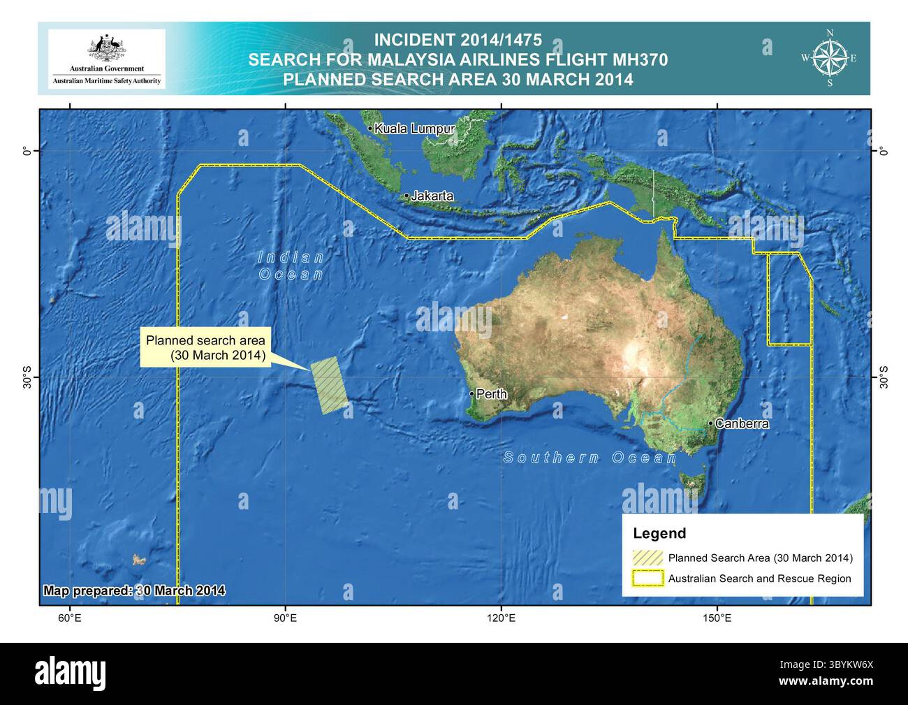 . Canberra (Australie), 30/03/2014.- Une image publiée par l'Australian maritime Safety Authority (AMSA) à Canberra, Australie, le 30 mars 2014, montre la zone de recherche dans l'océan Indien, à l'ouest de Perth, Australie, pour le vol MH370 de Malaysian Airlines disparu. Les navires à la recherche de l'avion disparu ont récupéré des objets flottants de l'océan Indien, mais ils n'étaient pas liés à l'avion perdu, ont déclaré les autorités australiennes le 29 mars 2014. C'était apparemment la première fois que l'un des huit navires qui cherchaient pêchait flotsam dans l'océan Indien. La zone de recherche s'était déplacée sur 28 M. Banque D'Images