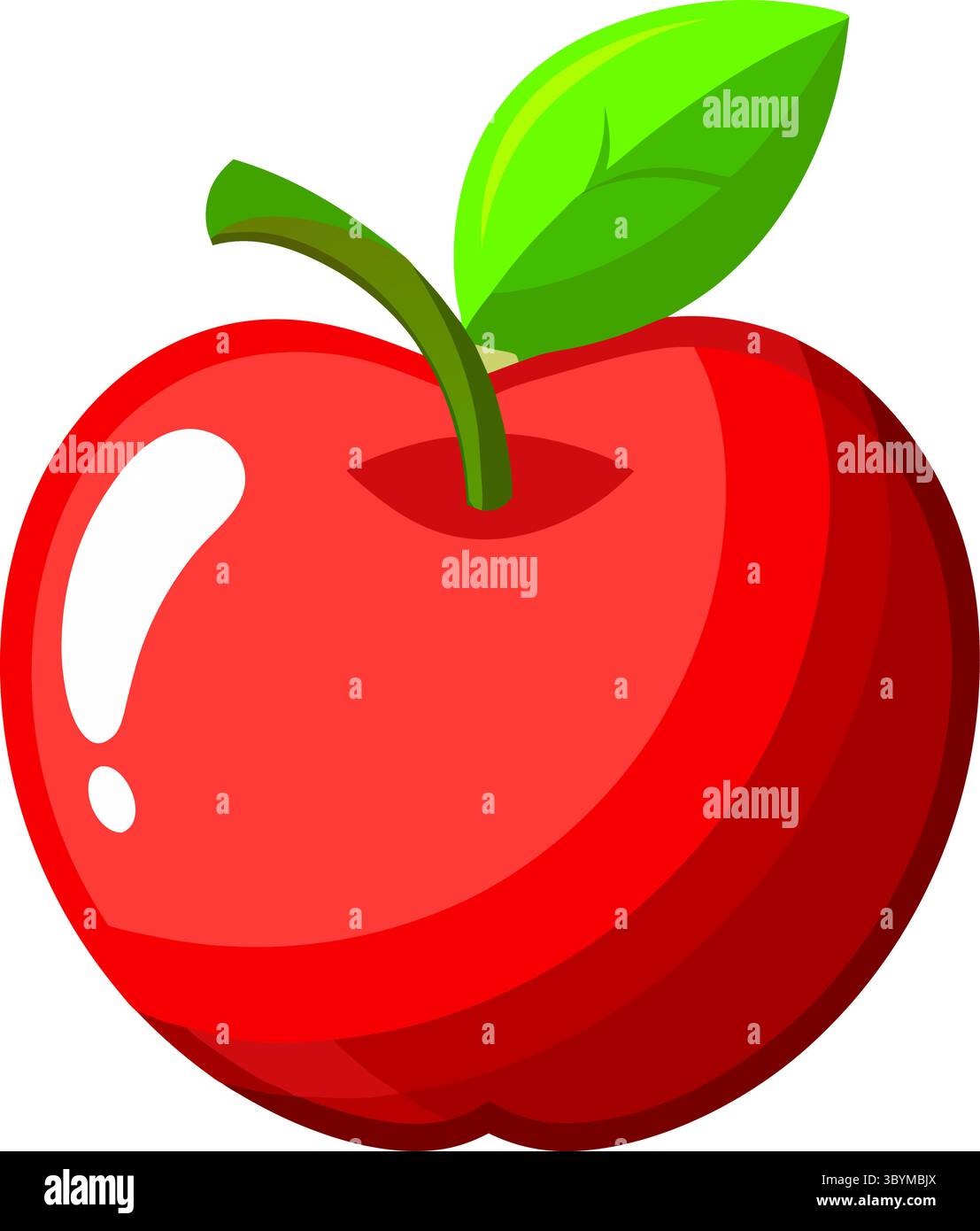 Une illustration vibrante de style bande dessinée d'une pomme rouge vif au fini brillant, avec une seule feuille verte et une tige brune. Illustration de Vecteur