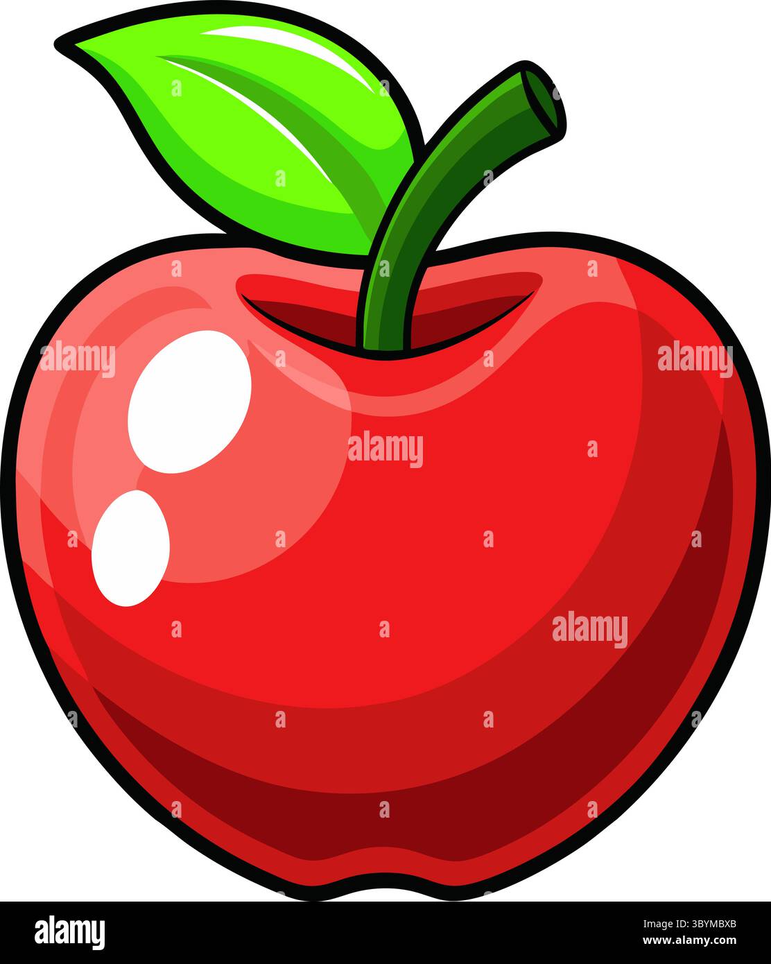Illustration de style dessin animé d'une pomme rouge brillante avec une feuille vert vif et une courte tige verte sur fond blanc. Illustration de Vecteur