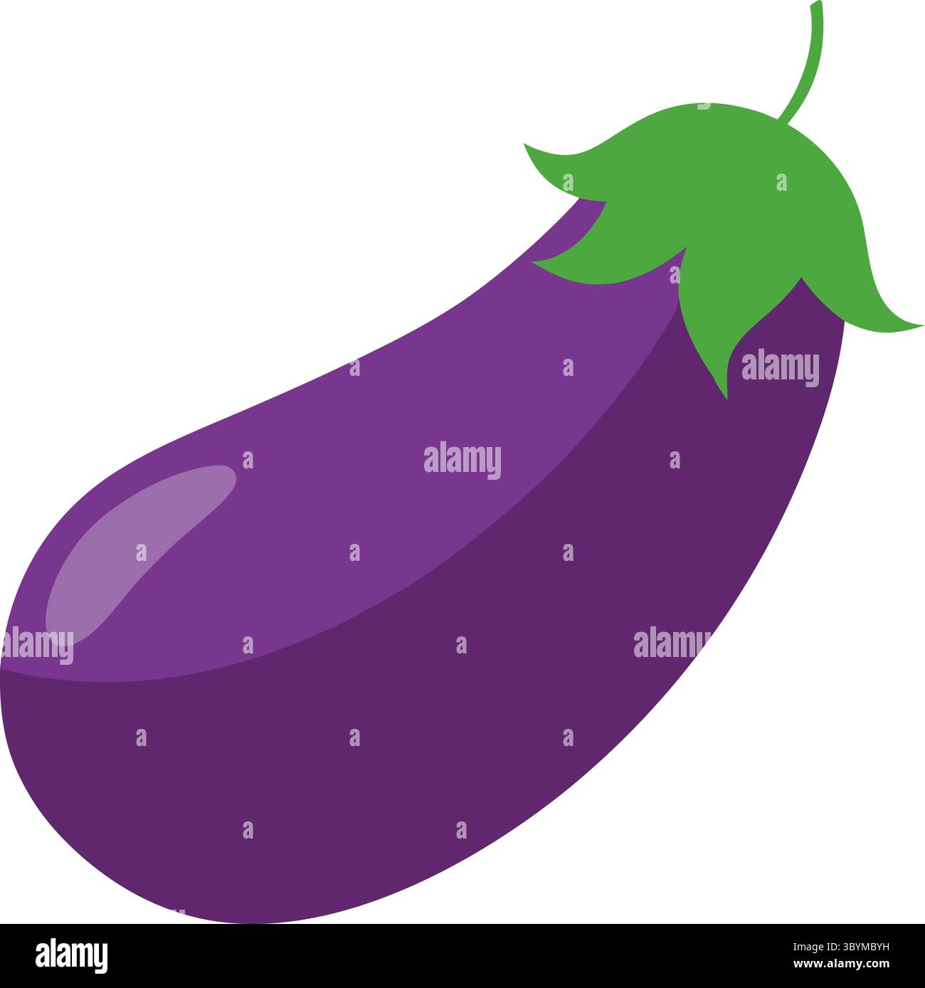 Une aubergine mûre unique avec une peau violette brillante et une tige et des feuilles vertes fraîches, isolée sur un fond blanc. Illustration de Vecteur