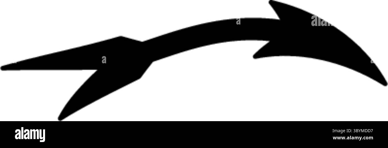 Flèche noire stylisée avec une courbe distincte, suggérant un mouvement ou un changement de direction. Il a des extrémités pointues et pointues. Illustration de Vecteur