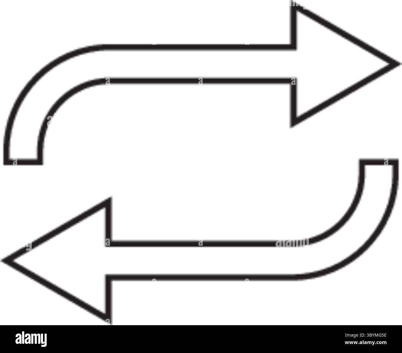 Une icône de dessin au trait simple et propre comportant deux flèches courbes formant un mouvement circulaire répétitif, suggérant un rafraîchissement, un rechargement ou un cycle. Illustration de Vecteur