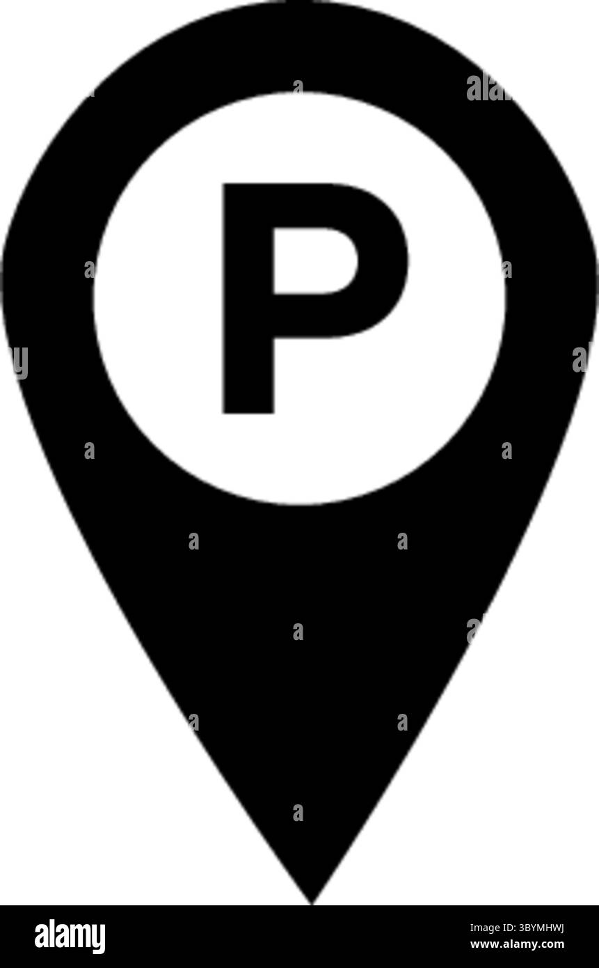 Icône noire simple représentant un marqueur d'emplacement de stationnement. Il présente une forme d'épingle avec un cercle contenant la lettre P. Illustration de Vecteur