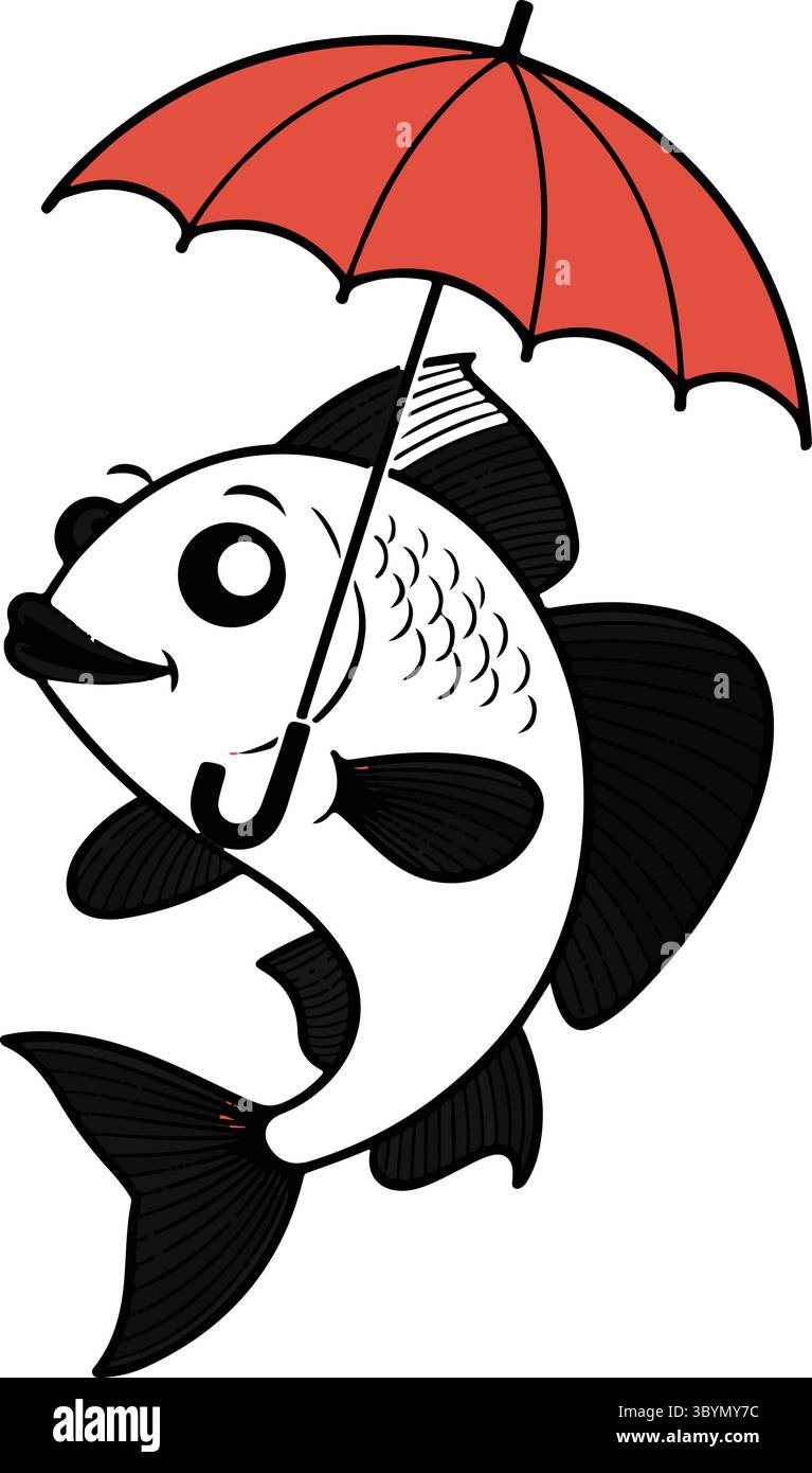 Dessin noir d'un poisson avec un parapluie Illustration de Vecteur