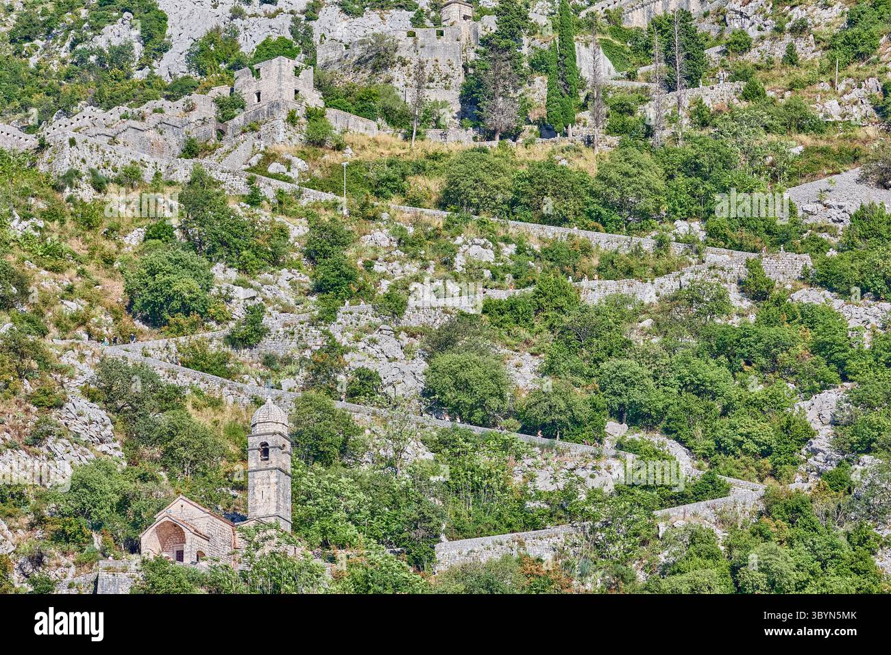 Les murs de Kotor s'étendent autour de la colline de San Giovanni et sont plus de 4,5 km de long, il suit la forme de la ville et des collines, Kotor, Monténégro Banque D'Images Les murs de Kotor s'étendent autour de la colline de San Giovanni et sont plus de 4,5 km de long, il suit la forme de la ville et des collines, Kotor, Monténégro Banque D'Images