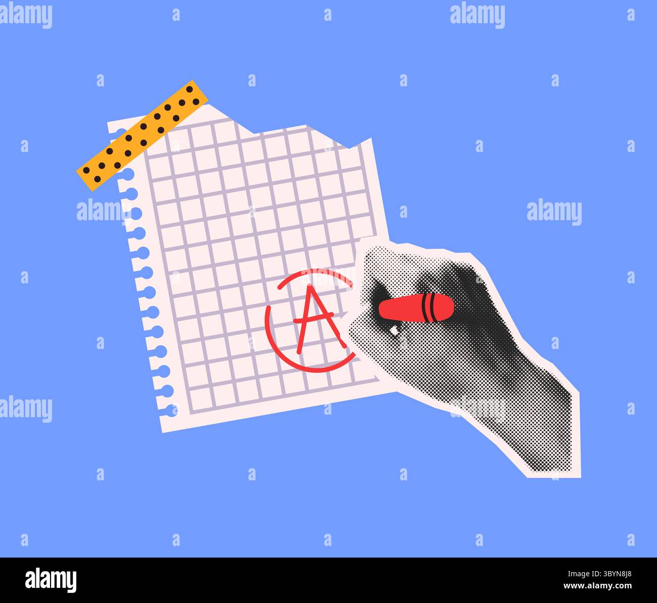 Art de collage d'une main dessin symbole rouge sur papier damier. Fond bleu avec ruban en pointillés ajoute une sensation rétro. Mélange d'eleme monochrome et de couleur vibrante Illustration de Vecteur