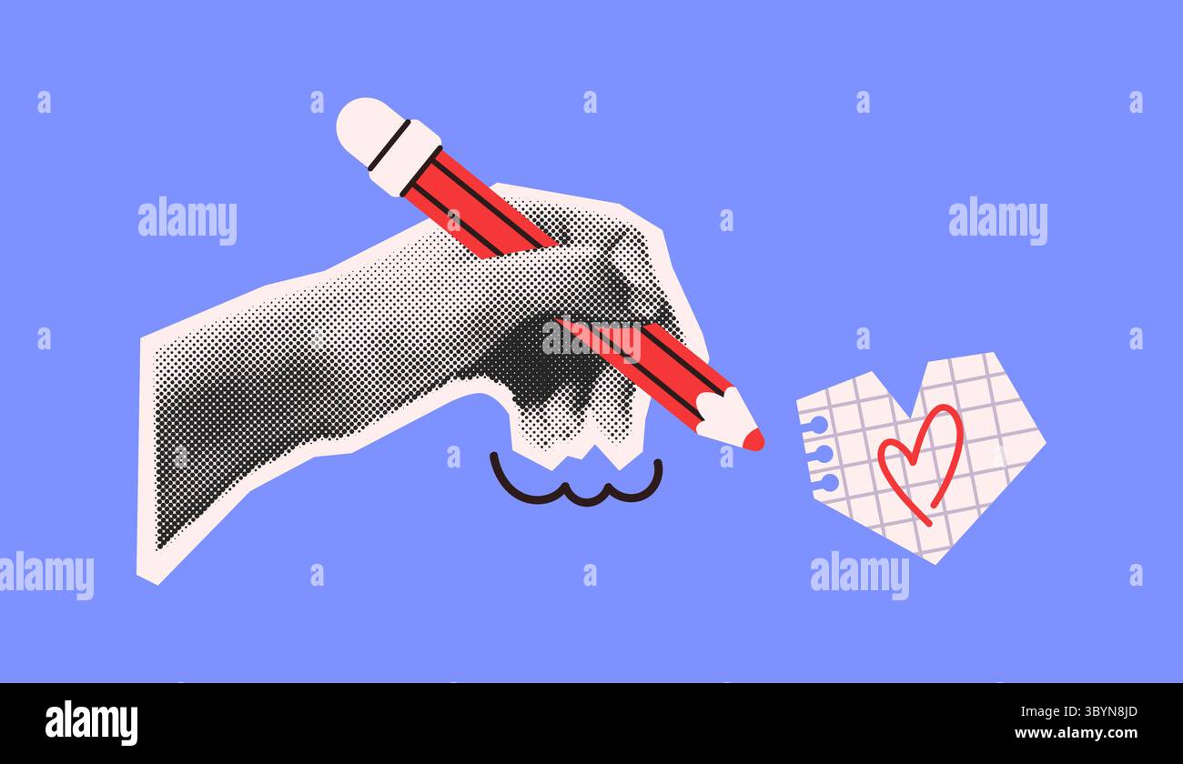 Illustration de style rétro d'une main dessinant un coeur rouge. La main tient un crayon rouge. L'arrière-plan est bleu Uni. L'œuvre est créative et ludique Illustration de Vecteur