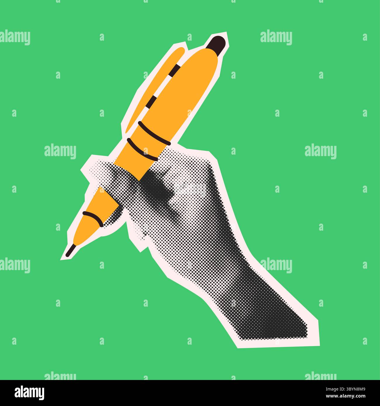 Illustration de style pop art d'une main tenant un stylo jaune. Effet demi-ton rétro avec couleurs vives. Parfait pour le design créatif ou les thèmes de communication Illustration de Vecteur