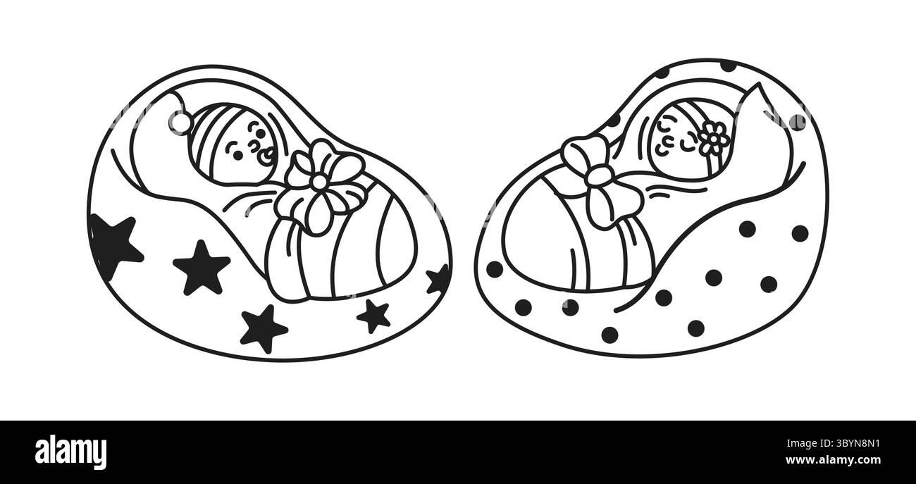 Doodle illustration de deux nouveau-nés endormis enveloppés dans des swaddles. Chaque bébé est superposé dans des couvertures à motifs avec des étoiles et des points. Parfait pour la pépinière Illustration de Vecteur