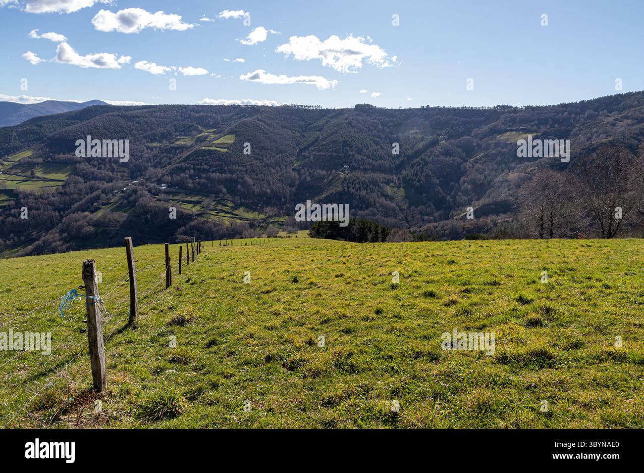 O Cebreiro, Espagne. Vallées et collines environnantes près de O Cebreiro un jour d'hiver tardif, avec des arbres sans feuilles et des tons bruns sous un ciel ensoleillé avec scat Banque D'Images