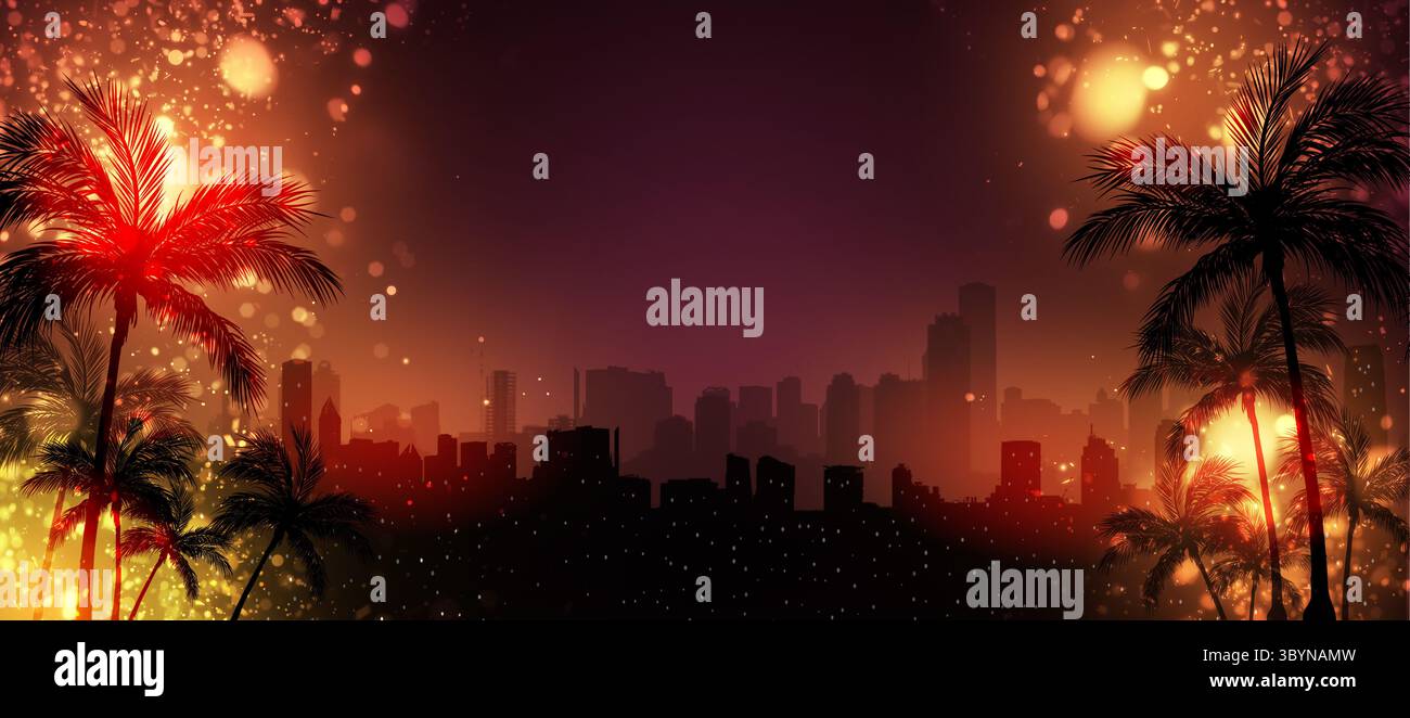 festival tropical synthpop coloré. paysage de ville de nuit avec fond de palmiers. bannière rétro disco musicale Banque D'Images