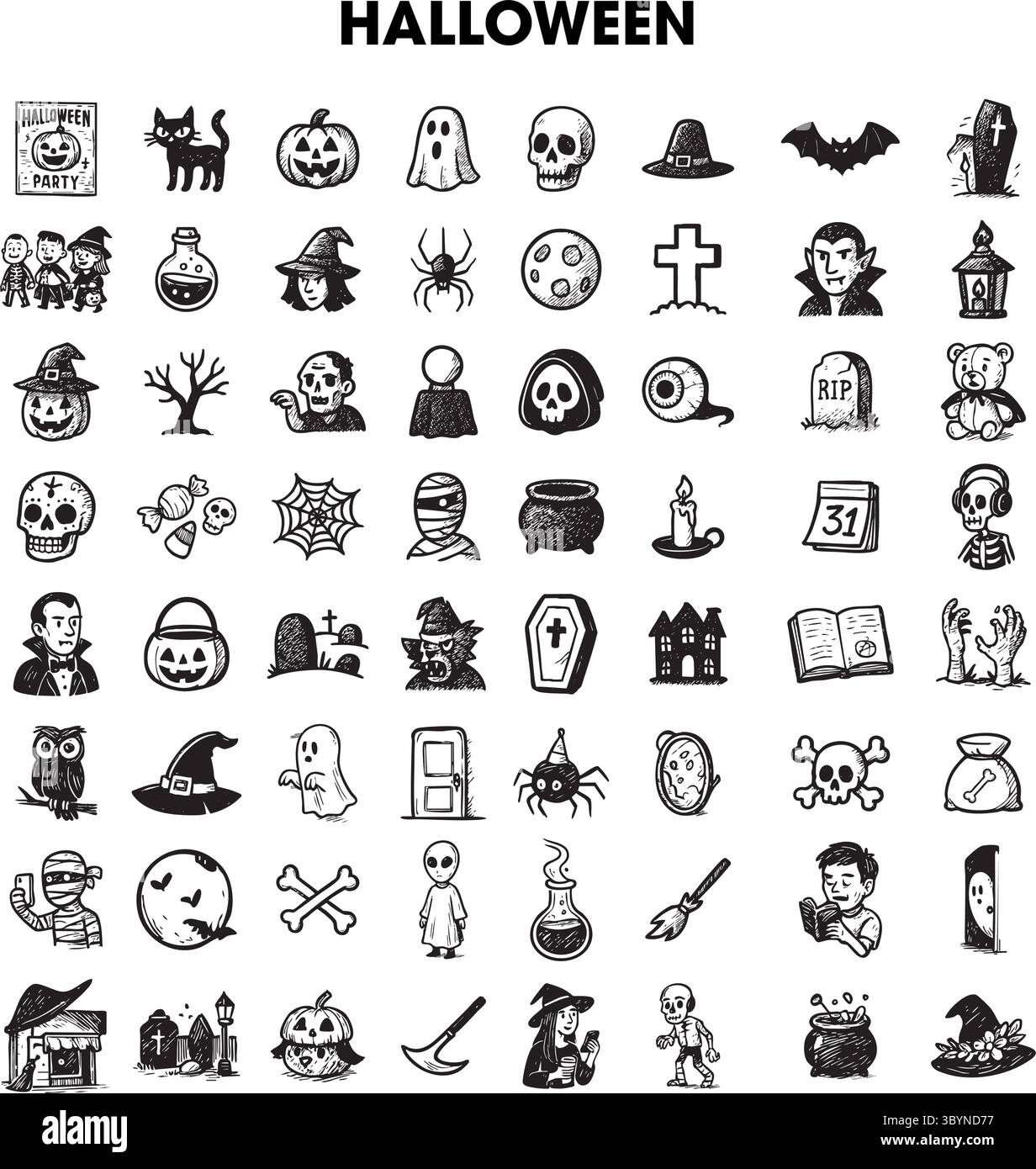 Ensemble de 64 illustrations sur le thème de l'Halloween présentant des décorations festives et des créatures mythiques Illustration de Vecteur