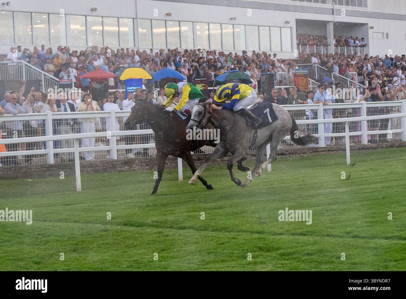 Windsor, Berkshire, Royaume-Uni. 14 juillet 2025. Les coureurs tiennent leurs chaises au-dessus de leur tête sous la pluie alors que le cheval RYDALE FROSTY (n° 7, gris) monté par le jockey Callum Shepherd remporte les Barbados Rum Runners EBF novice Stakes, Class 5, GBB Race au Royal Windsor Racecourse à Windsor, Berkshire lors de la soirée Rum and Reggae. Propriétaire et éleveur Mr A M Pickering CBE, entraîneur David Simcock, Newmarket, commanditaire David Simcock Racing Limited. Crédit : Maureen McLean/Alamy Banque D'Images