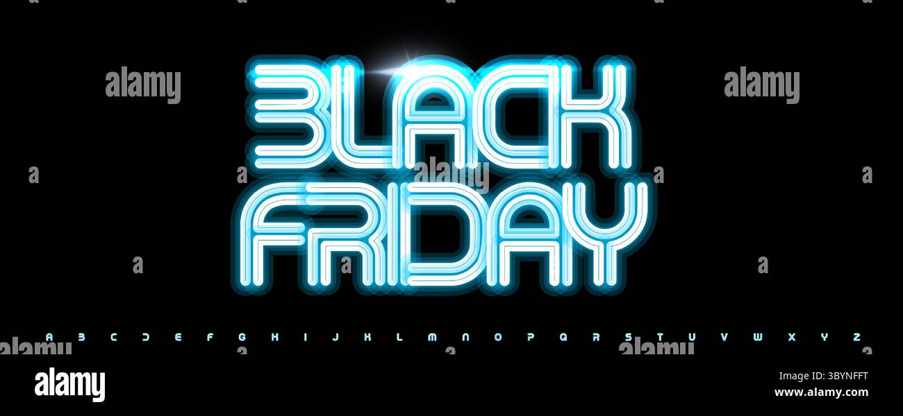 Alphabet néon bleu, lettres lumineuses linéaires, police monogramme vibrante pour signe de fête, titre Black Friday, style typographique à rayures techniques, lumineux Illustration de Vecteur